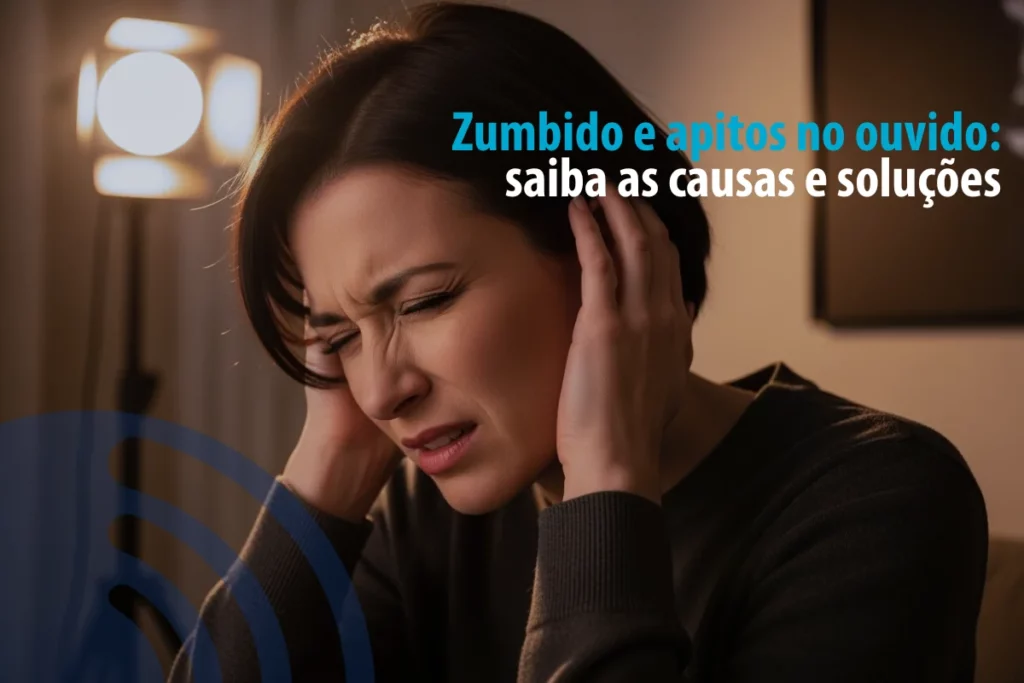 Mulher com expressão de desconforto segurando as orelhas, simbolizando zumbido e apitos no ouvido